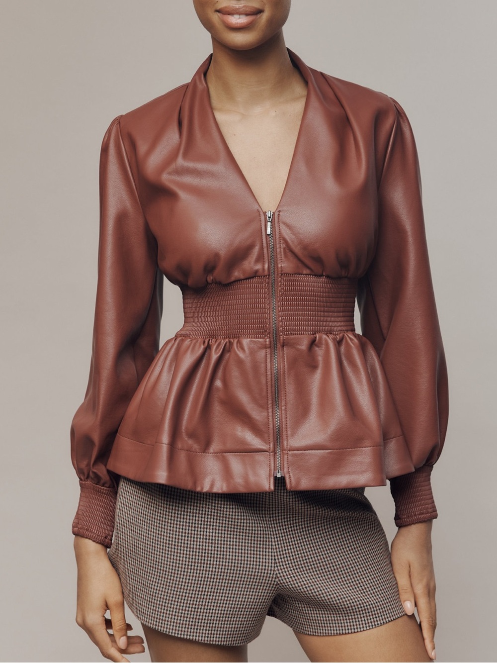 Maeve Faux Leather Peplum Zip Top in Wine